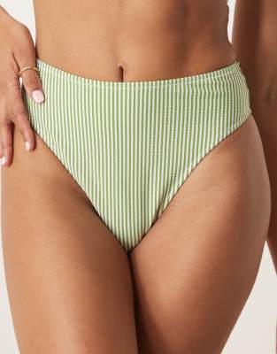Asos Design Anna Seersucker High Leg High Waist Bikini Bottom In Green