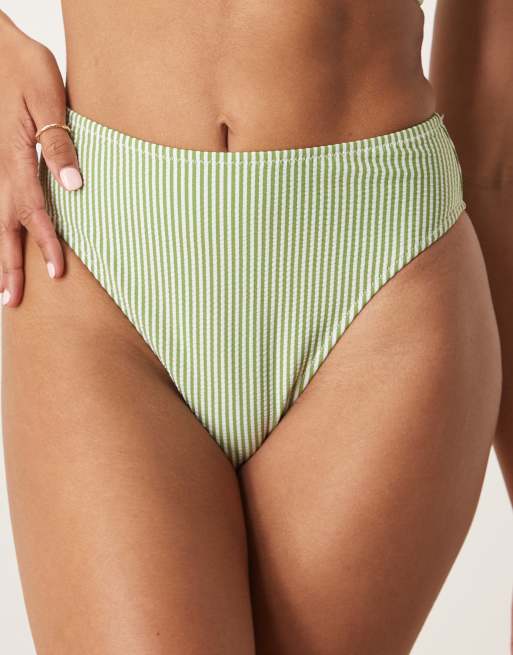 ASOS DESIGN Anna seersucker high leg high waist bikini bottom in green stripe, 2 of 4