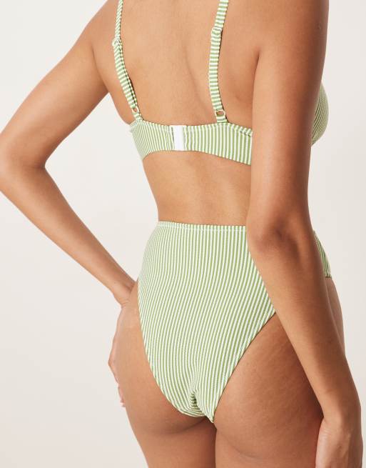 ASOS DESIGN Anna seersucker high leg high waist bikini bottom in green stripe, 4 of 4