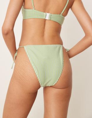Asos Design Anna Seersucker Tie Side Bikini Bottoms In Green
