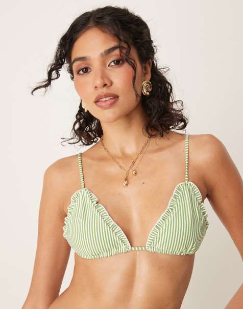 ASOS DESIGN Anna seersucker triangle bikini top in green stripe
