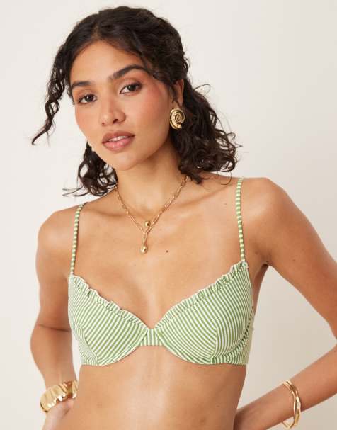 ASOS DESIGN Anna  seersucker underwired bikini top in green stripe