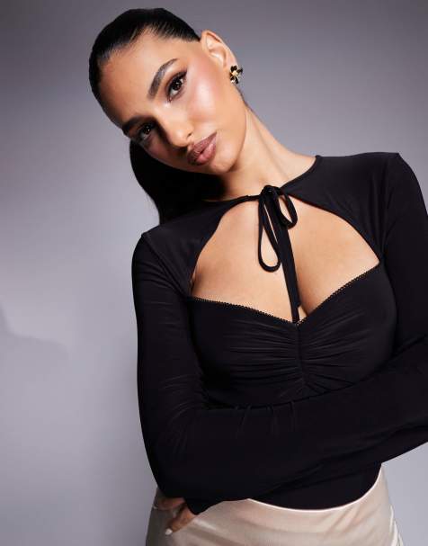 ASOS DESIGN – Anschmiegsamer, langärmliger Body in Schwarz mit Schnürdetail - view 1