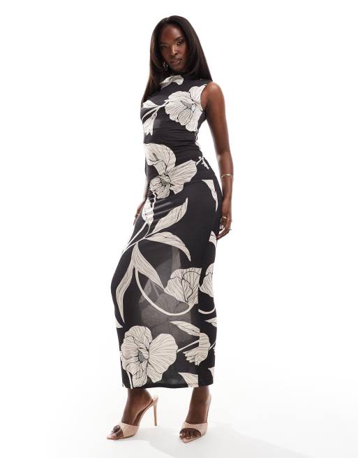 ASOS DESIGN – Anschmiegsamer Maxirock in Schwarz-Weiß mit großem Blumenprint, Kombiteil