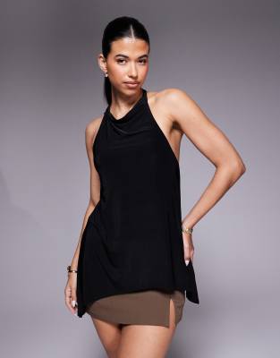 ASOS DESIGN - Anschmiegsames, asymmetrisches Longline-Oberteil in Schwarz mit Neckholder, Kombiteil