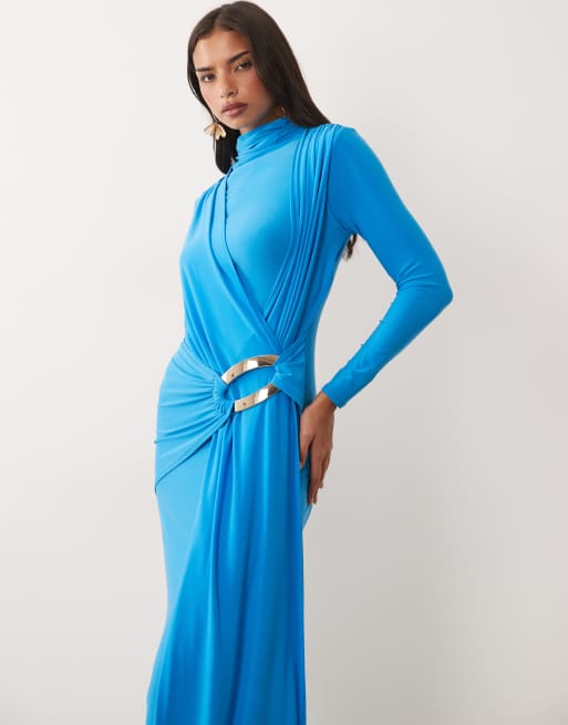 ASOS DESIGN – Anschmiegsames, drapiertes Maxikleid in Blau mit Besatz, 3 von 4