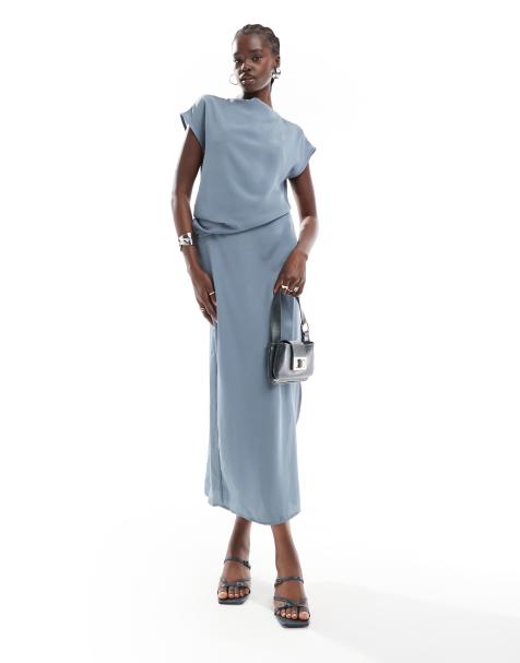 ASOS DESIGN – Anschmiegsames, drapiertes Midikleid in Blaugrau - view 1