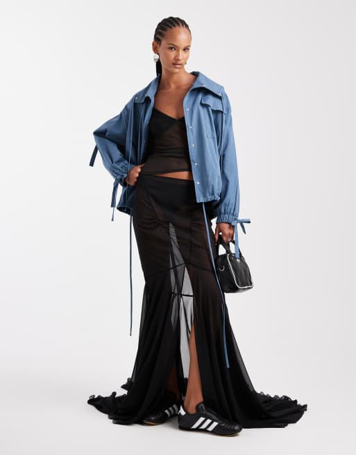 ASOS DESIGN – Anschmiegsames, gerafftes Trägertop aus Netzstoff in Schwarz mit asymmetrischem Saum, 4 von 4