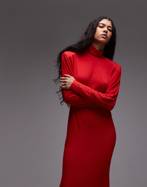 ASOS DESIGN – Anschmiegsames Maxikleid in Rot mit Fledermausärmeln und hohem Kragen - view 1