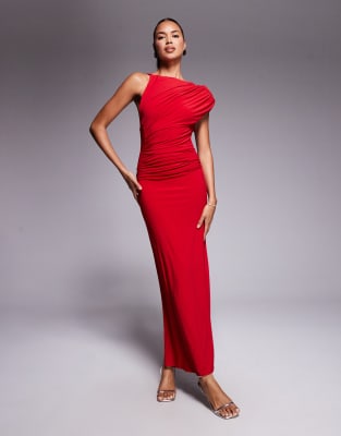 ASOS DESIGN - Anschmiegsames Maxikleid in Rot mit Schulterpolstern und geformten Nähten