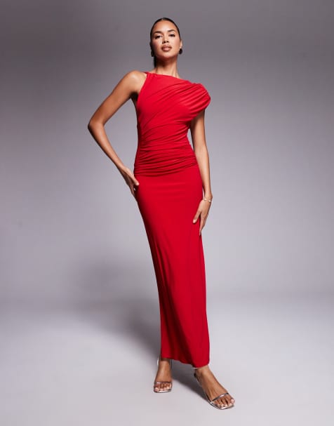 ASOS DESIGN – Anschmiegsames Maxikleid in Rot mit Schulterpolstern und geformten Nähten - view 1