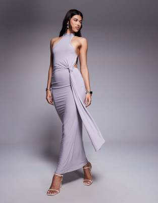 ASOS DESIGN - Anschmiegsames Maxikleid in Schiefergrau mit Wasserfallausschnitt und Knotendetail vorne