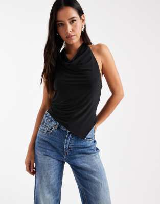 ASOS DESIGN - Anschmiegsames Neckholder-Oberteil in Schwarz mit Wasserfallausschnitt und asymmetrischem Saum