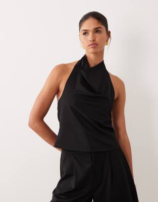 ASOS DESIGN - Anschmiegsames Oberteil aus Twill in Schwarz mit Wasserfallausschnitt, Kombiteil