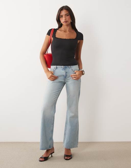 ASOS DESIGN – Anschmiegsames Oberteil in Schwarz mit Kappärmeln und Spitzenbesatz, 3 von 4