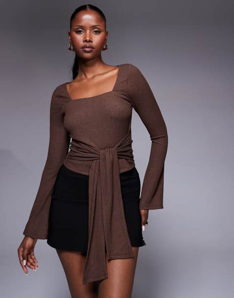 ASOS DESIGN – Anschmiegsames Polyamid-Oberteil in Braun mit eckigem Ausschnitt - view 1
