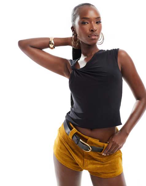 ASOS DESIGN – Anschmiegsames Trägertop in Schwarz mit Knotendetail an der Schulter - view 1