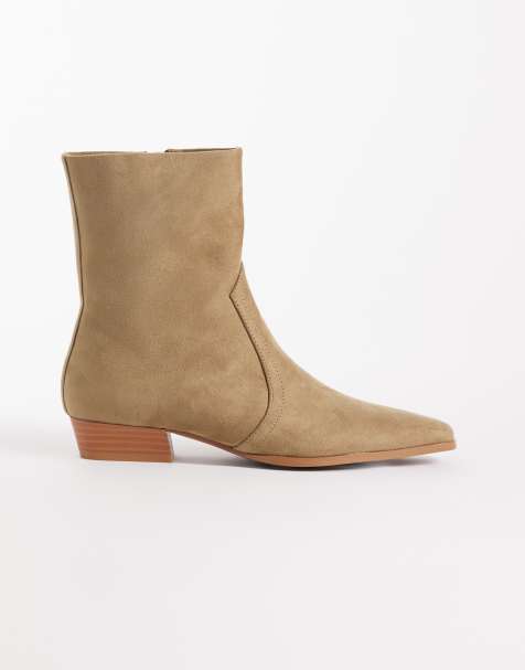 ASOS DESIGN Ansel low flat pointed ankle boots in sand suedette - view 1