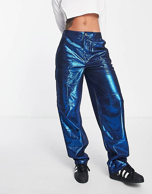 ASOS DESIGN anti fit oversized cargo trouser in metallic blue | ASOS