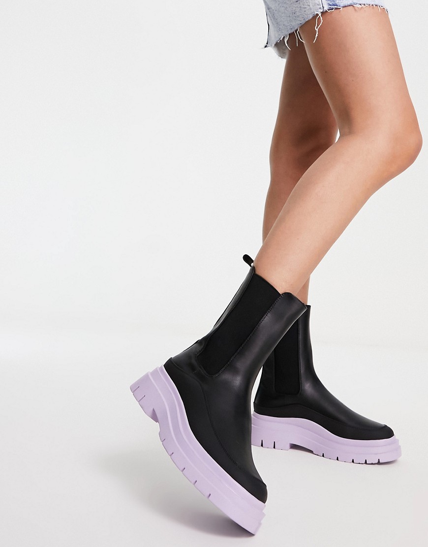 ASOS DESIGN Antidote chunky chelsea boots in black with lilac sole