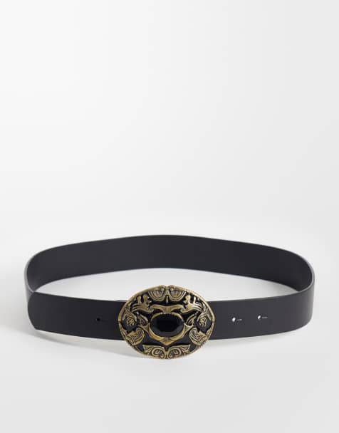 ASOS DESIGN antique look western buckle belt in gold - view 1
