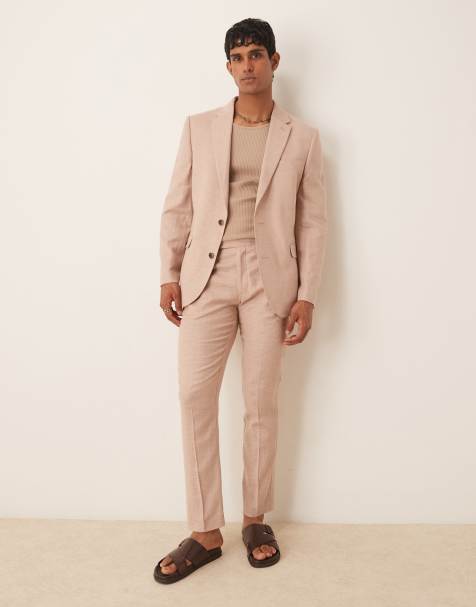 ASOS DESIGN – Anzug aus Leinen in Sandbeige mit schmalem Schnitt und Fischgrätmuster - view 1