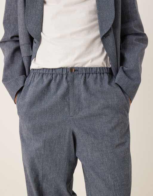 ASOS DESIGN – Anzughose aus Leinen in Blau mit weitem Bein, Nadelstreifen und elastischem Bund, 3 von 5