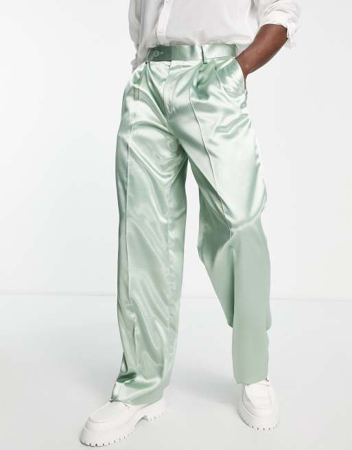 ASOS DESIGN – Anzughose aus strukturiertem Satin in Salbeigrün mit weitem Bein