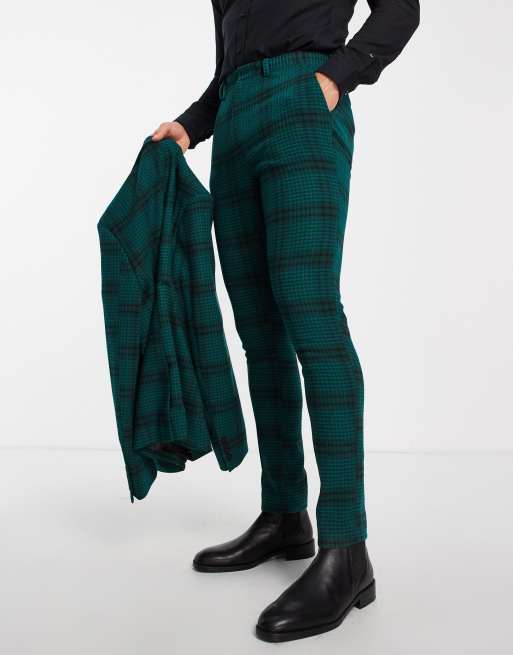 ASOS DESIGN – Anzughose aus Wollmischung mit engem Schnitt und großem Hahnentrittmuster in Dunkelgrün und Marineblau 