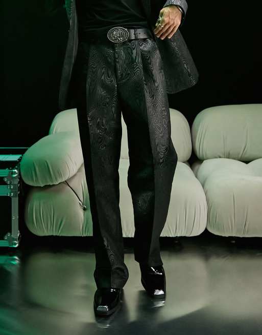 ASOS DESIGN – Anzughose in Schwarz mit weitem Bein und Moire-Jacquardmuster