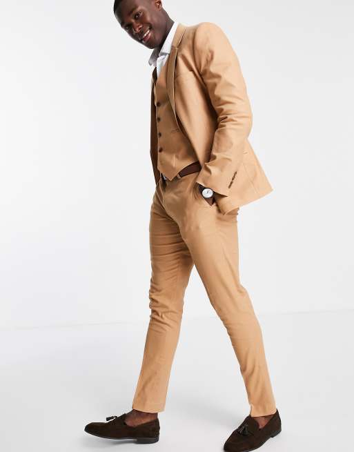 ASOS DESIGN – Anzughose mit engem Schnitt aus Baumwoll-Leinen in Hellbraun
