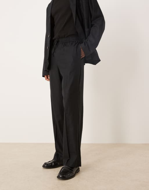 ASOS DESIGN – Anzughose zum Reinschlüpfen aus Twill in Schwarz mit weitem Bein