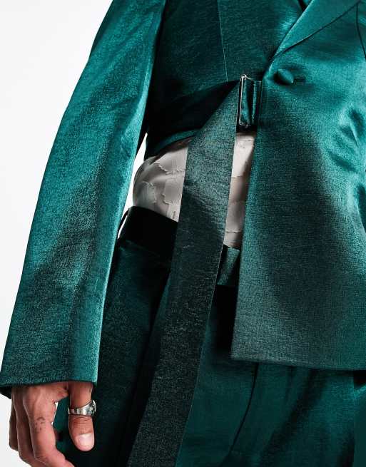 ASOS DESIGN – Anzugjacke aus smaragdgrünem Satin mit Zierausschnitt und Gürtel, 2 von 4