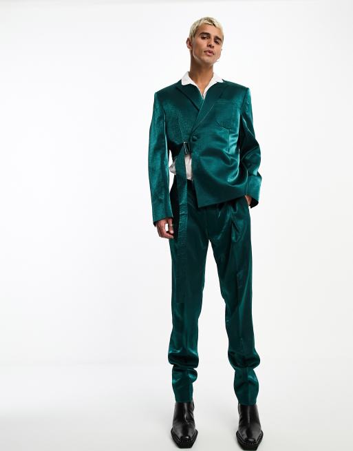 ASOS DESIGN – Anzugjacke aus smaragdgrünem Satin mit Zierausschnitt und Gürtel, 3 von 4
