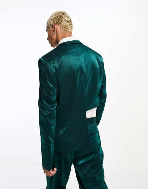 ASOS DESIGN – Anzugjacke aus smaragdgrünem Satin mit Zierausschnitt und Gürtel, 4 von 4