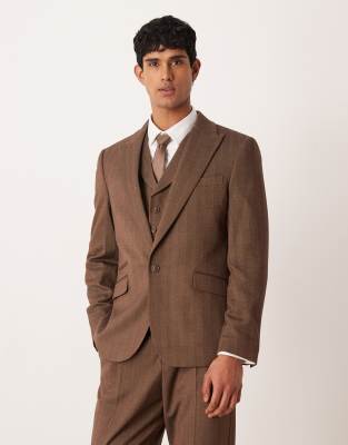 Anzugjacke aus Twill in brauner Wolloptik mit schmalem Schnitt und Fischgrätmuster-Brown Brown 54 Regular