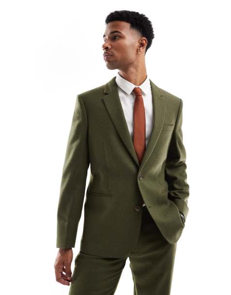 ASOS DESIGN – Anzugjacke aus Wollmix-Twill in Khaki mit schmalem Schnitt - view 1