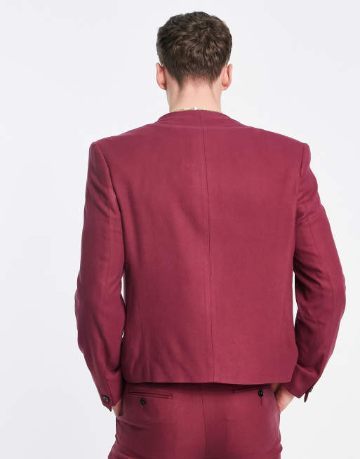 ASOS DESIGN – Anzugjacke in Burgunder mit enger Schnitt und eingekerbtem Ausschnitt ohne Kragen, 2 von 4