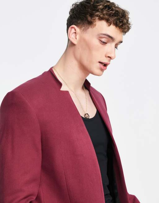 ASOS DESIGN – Anzugjacke in Burgunder mit enger Schnitt und eingekerbtem Ausschnitt ohne Kragen, 3 von 4