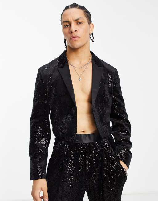 ASOS DESIGN – Anzugjacke mit superkurzem Schnitt, schwarzen Pailletten und auffälligem Revers 