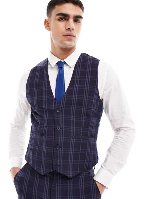 ASOS DESIGN – Anzugweste in Marineblau mit engem Schnitt und farblich abgestimmtem Karomuster