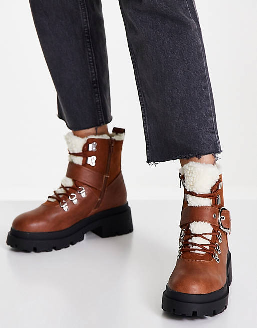 Womens Shoes Boots Ankle boots ASOS Applaud Shearling Lined Lace Up Boots in Brown 