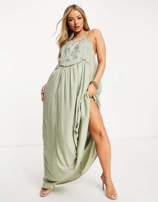 ASOS DESIGN applique bib detail maxi beach dress in khaki