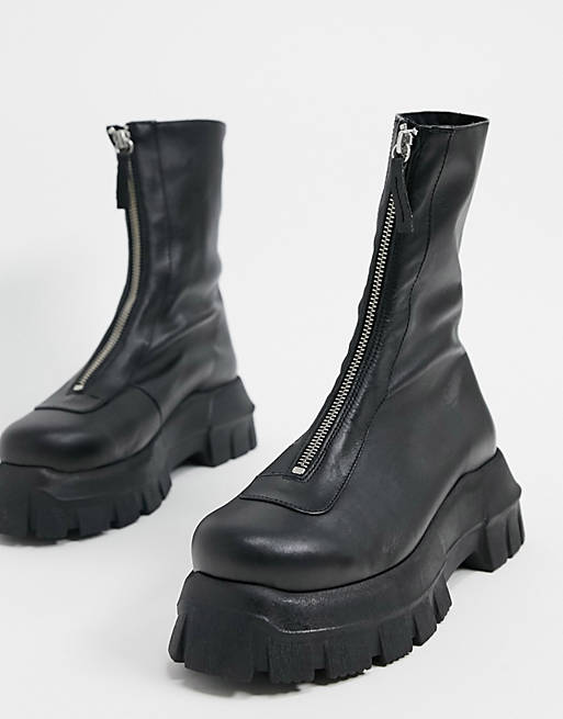ASOS DESIGN Apricot premium leather chunky zip front boots in black