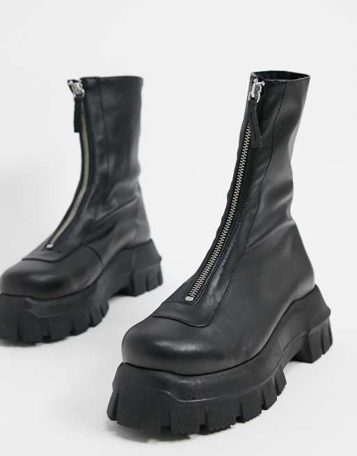 ASOS DESIGN - Apricot - Premium leren laarzen met dikke zool en rits in zwart