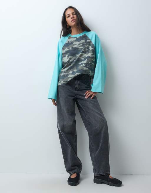 ASOS DESIGN aqua blue raglan sleeve sleeve top in camouflage, 3 of 5
