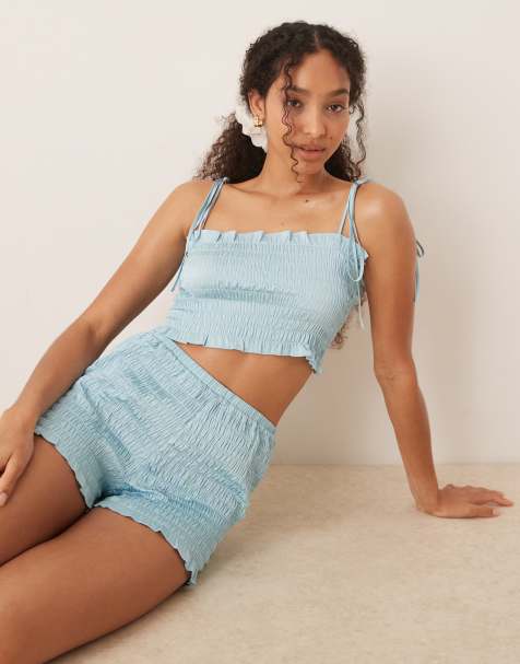 ASOS DESIGN – Aquablå, strukturerad pyjamas i satin med kort linne och shorts - view 1