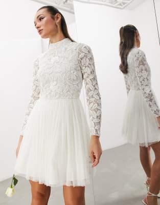 ASOS DESIGN ASOS DESIGN Arabella embellished bodice mini wedding dress with mesh skirt-White