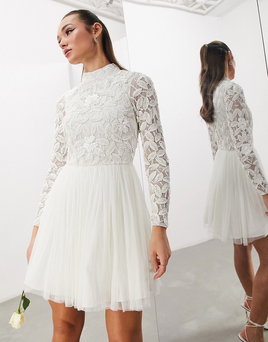 ASOS DESIGN Arabella embellished bodice mini wedding dress with mesh skirt-White