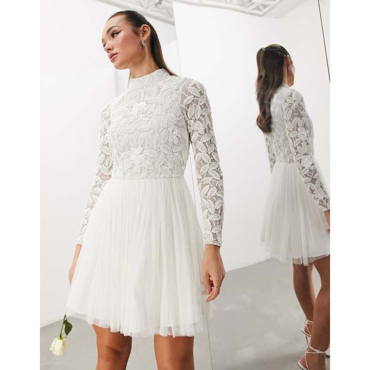 ASOS DESIGN Arabella embellished bodice mini wedding dress with mesh skirt